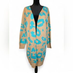 Blue Buttercup Leopard Print Knit Open FrontCardigan Sweater Tan Aqua Size Small